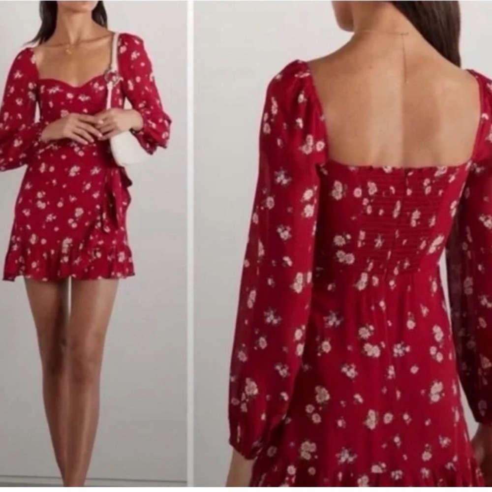 Reformation Red Floral Long Sleeve Dress